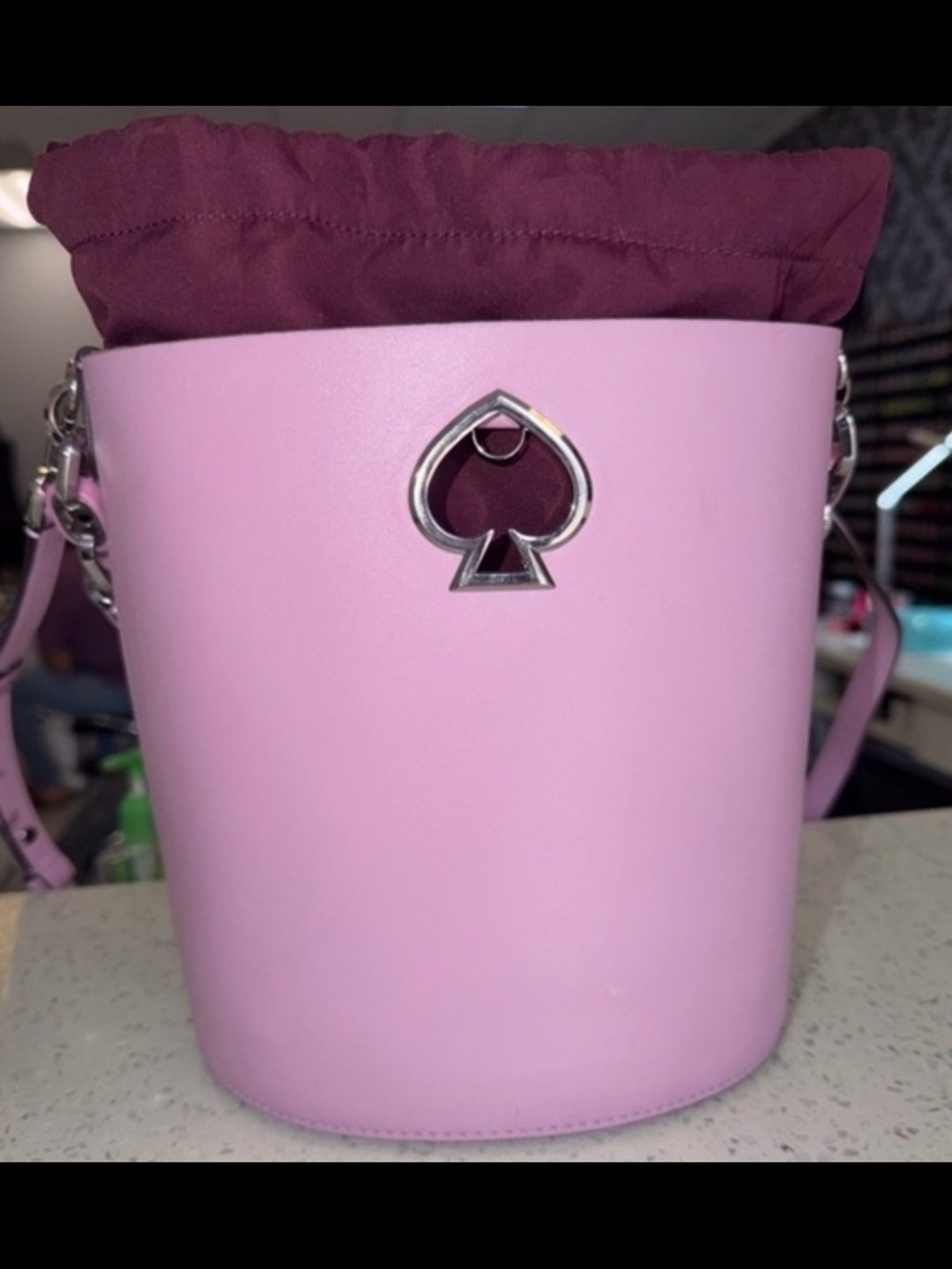 Kate Spade Lilac Leather Bucket Crossbody with Maroon Drawstring